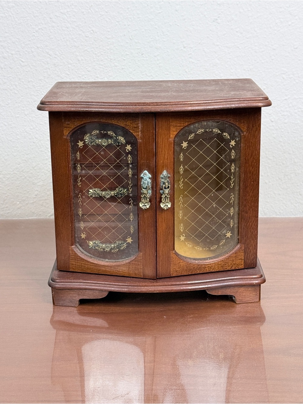 Vintage 3 Drawer Wooden Glass Doors Musical Jewelry Box, It’s a Small World